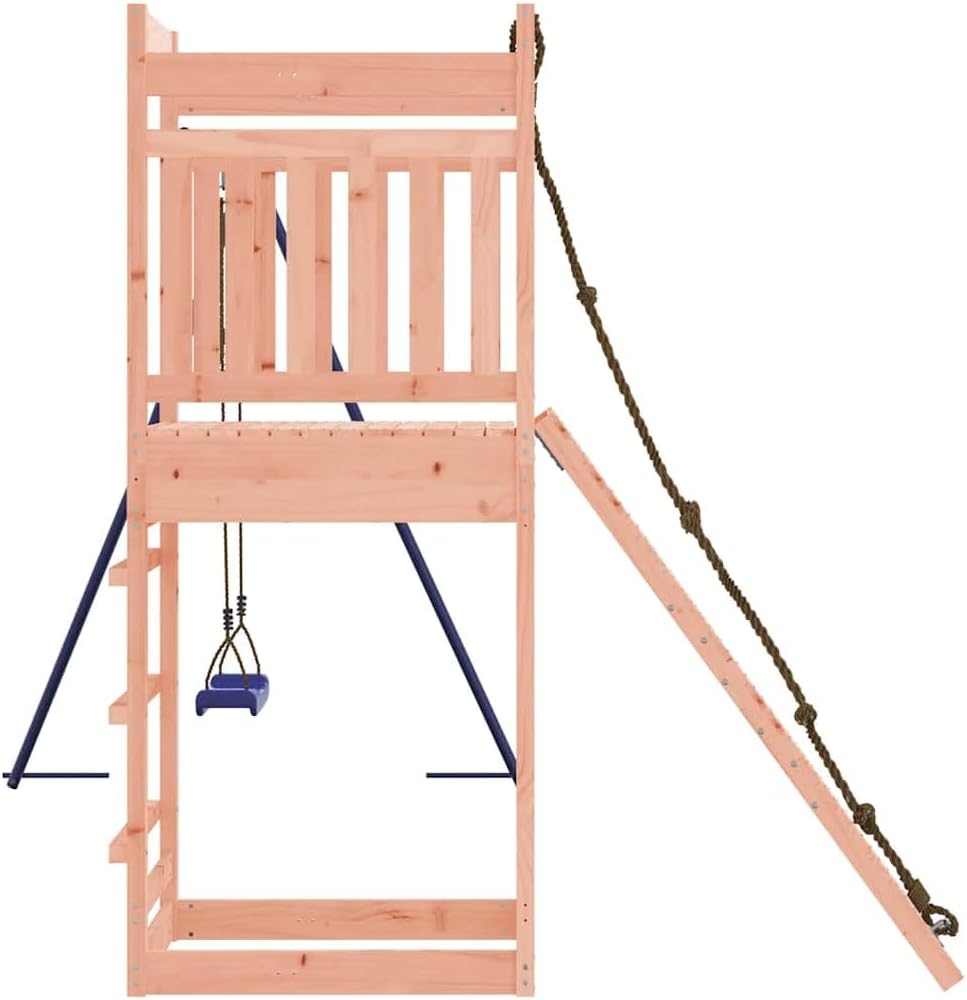 Outdoor Wooden Playset with Climbing Wall and Swing, Solid Douglas Fir Wood Rustic Design for Backyard, Sturdy A-Shaped Legs and Polypropylene Swing Seat