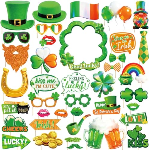 St Patricks Day Photo Booth Props, 40pcs Large Selfie Kit, Irish Shamrock Party Decoration Supplies, Green Dress up Favors Accessories