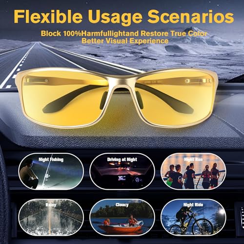 Image of BIRCEN Night Vision Glasses for Driving: Al-Mg Metal Yellow Anti-Glare Night Glasses Reduce Eye Strain for Drivers Rain Fog Snow