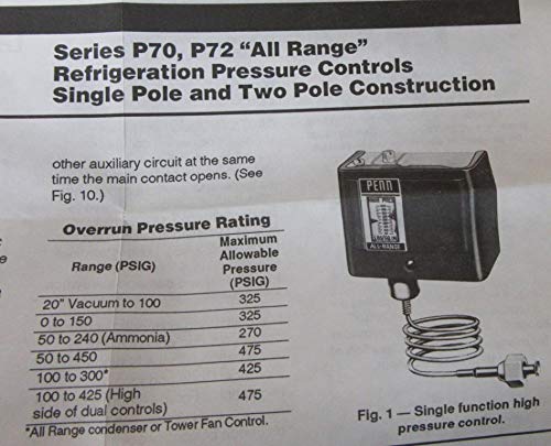 Close-up of the instruction manual for Johnson Controls P70/P72 series, showing a diagram of a single function high pressure control.