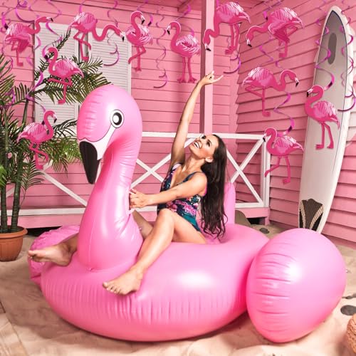 Image of Faccito 52 Pcs Flamingo Party Hanging Swirl Decorations Hawaii Luau Pink Flamingo Ceiling Streamers Summer Hawaiian Foil Hanging Swirls Decor for Aloha Beach Luau Birthday Party Supplies
