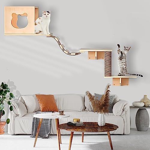 Cat Wall Shelves, 3 Levels Cat Furniture with 1 Condo, 2 Shelves, 1 Scratching Post, 1 Bridge Ladder, Pine Wood