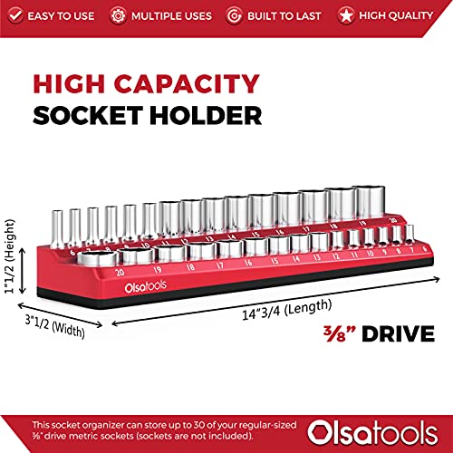 Image of Olsa Tools Magnetic Socket Organizer - 3 /8-Inch Drive Metric Socket Holder with Strong Magnets - Professional Tool Holder and Organizer - Stores up to 30 Sockets - Red - Part: 1300