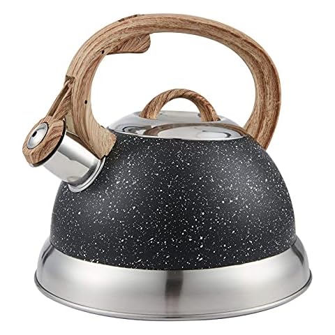 LUXGRACE 11316 2.3 Qt. Stainless Steel Whistling Tea Kettle Teapot with Ergonomic Wood Rubber Touching Handle, Opaque Black with Speckle Cover