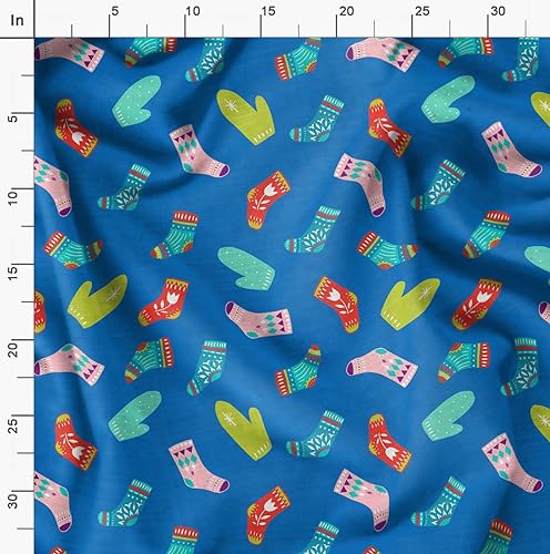 Image of Soimoi Blue Poly Georgette Fabric Socks & Gloves Folk Art Printed Craft Fabric by the Meter 52 Inch Wide