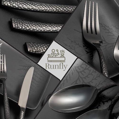 48-Piece Black Hammered Silverware Set for 8, Stainless Steel Flatware Set with Steak Knives, Mirror Polished Tableware Cutlery Set, Include Forks Spoons and Knives Set, Dishwasher Safe - Image 3