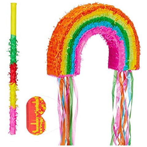Relaxdays Piñata Arcoíris sin Relleno con Palo y Antifaz Cover