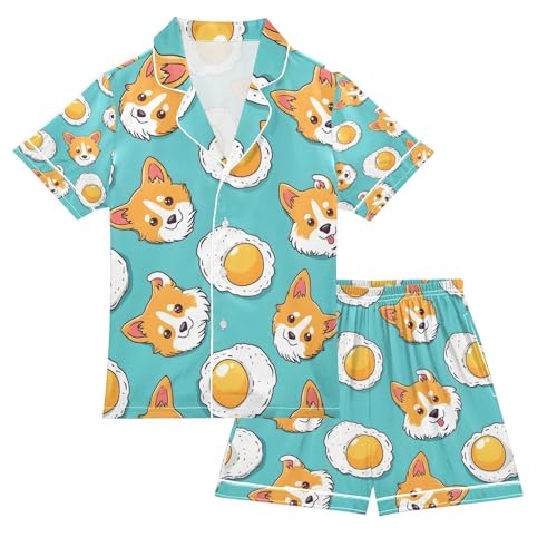 senya Cute Dog Yolk Satin Summer Pajama Sets Silk Short Sleeve Button Down Sleepwear