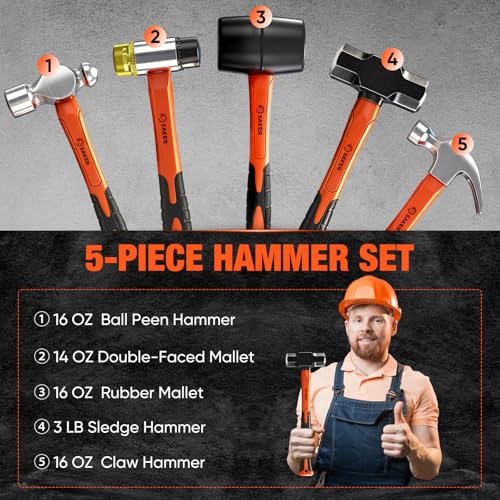 Image of Saker 5-Piece Hammer Set,3lb Sledge Hammer,16oz Rubber Mallet, 16oz Ball Peen Hammer & Claw Hammer, 7oz Cross Peen Hammer for Home Repair & DIY Projects