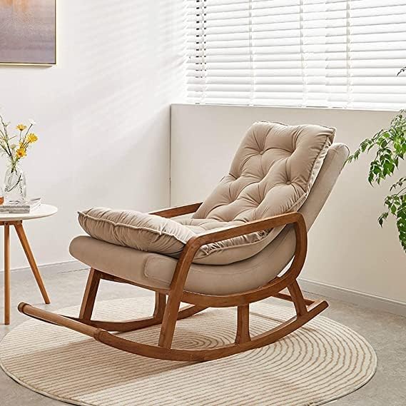 Teak Wood Rocker Rocking Lounge Chair Recliner Relaxation Lounging Relaxing Seat for Adult with Armrest. (Beige(Bisket)) (Beige(Bisket))-image-43
