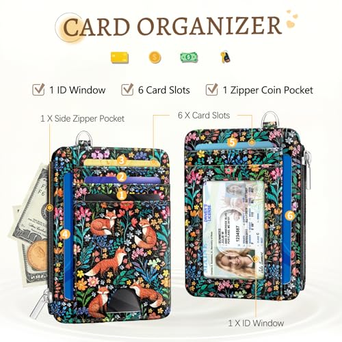 Image of Kelvoris Cute Fox Flowers Credit Card Holder Small Wallet Women, Slim RFID | Keychain, Zipper Coin Pocket, Front Pocket Thin Travel Card Case, Minimalist, 6 Card Slots, 1 ID Window, Ladies Gifts Woman