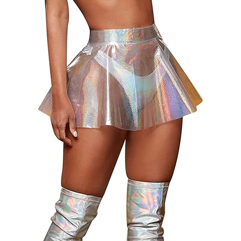 Zookey Transparent Flared Pleated Skirt A-Line See Through Skirt High Waist Skirt Metallic Shiny Skirts Mini Short Skirt for Women and Girls Cover