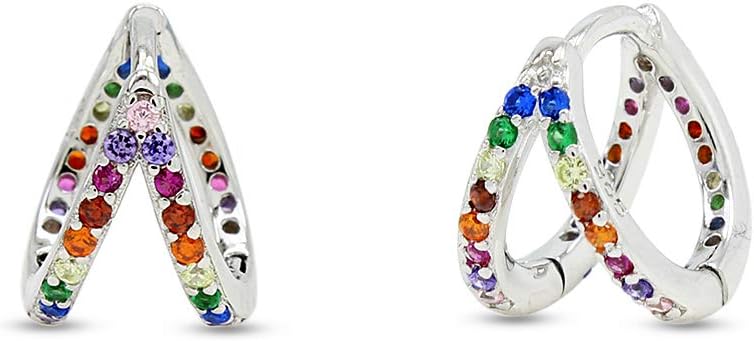 Colourful Rainbow Cubic Zirconia Round Hoop Earrings 14k White Gold Plated Sterling Silver Jewelry Gift for Womens