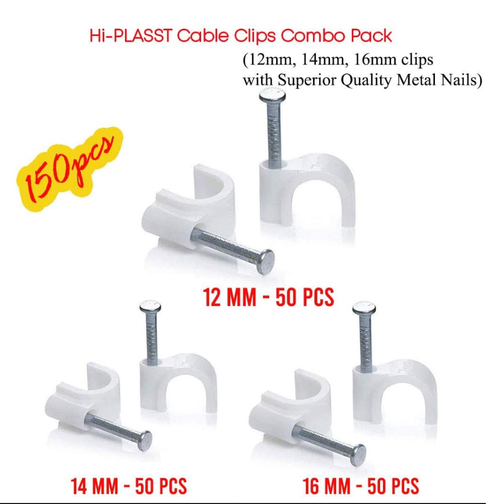 Hi-PLASST Cable Clips Combo of 150pcs (12mm + 14mm + 16mm) Wire Fastener with Metal Nails for Cable Management, Cord Organizer, Round Wire Clamps for Hanging Cables (Pack of 3, 50 Pieces Each Size) 1