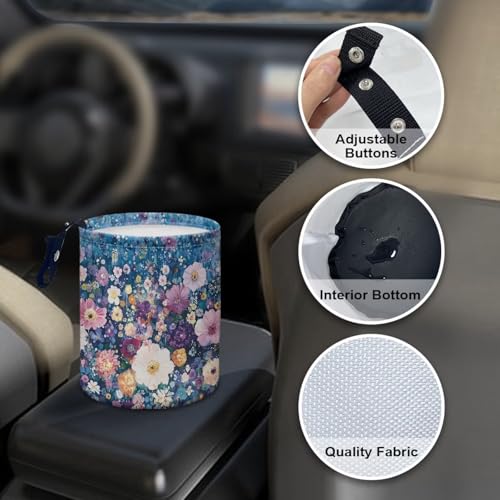 Image of Colorful Dreamy Flower Car Garbage Can Mini Car Trash Bin Hanging Headrest with Adjustable Buttons Multipurpose Car Organizer