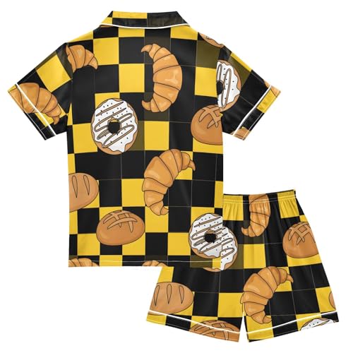 Satin Pajama Sets Short Sleeve Bakery Items on Checkerboard Button Down Silky Nightwear 2 Piece PJS 5-14Y2