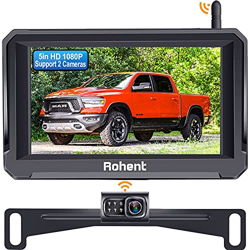 Wireless Backup Camera with 5 Inch Monitor, Rohent R3 HD 1080P Bluetooth Backup Camera Stable Digital Signal for Trucks Cars Campers Split Screen with Fan-Shaped Metal Design Support 2nd Camera for RV
