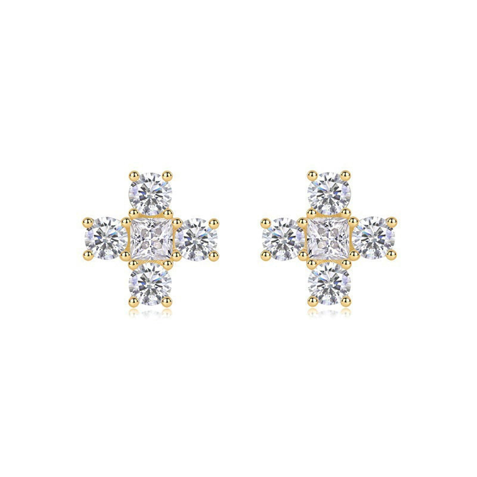 Pendientes de oro de 18 quilates, aretes de tuerca de oro amarillo con flor de cruz, moissanita de 3,2 quilates