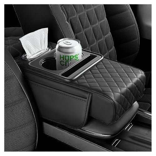 Image of 5-in-1 Car Center Console Cover,Multifunctional Arm Rest Cover for Car with Cup Holder,Phone Holder,Pocket,Car Tissue Holder,Leather Height Enhancement Car Armrest Cushion for Most Cars (Black)