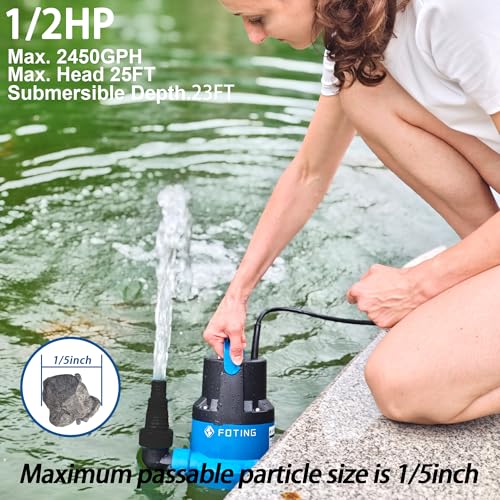FOTING 1/2HP Submersible Water Pump with Stainless Steel Base - Removes Water to 0.04" Depth, 2450GPH Portable Sump Pump for Puddles, Pools, Boats, Gardens & Ponds - 10Ft Cord Included - Image 5