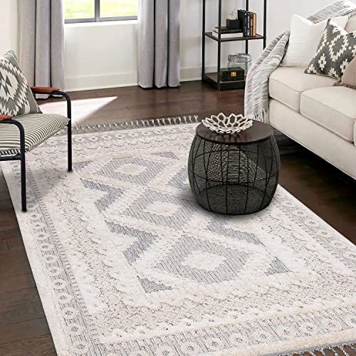 payé Teppich Wohnzimmer Vintage - 80x150cm Creme Grau - Fransen Deko Boho Flauschig - Cut & Loop...