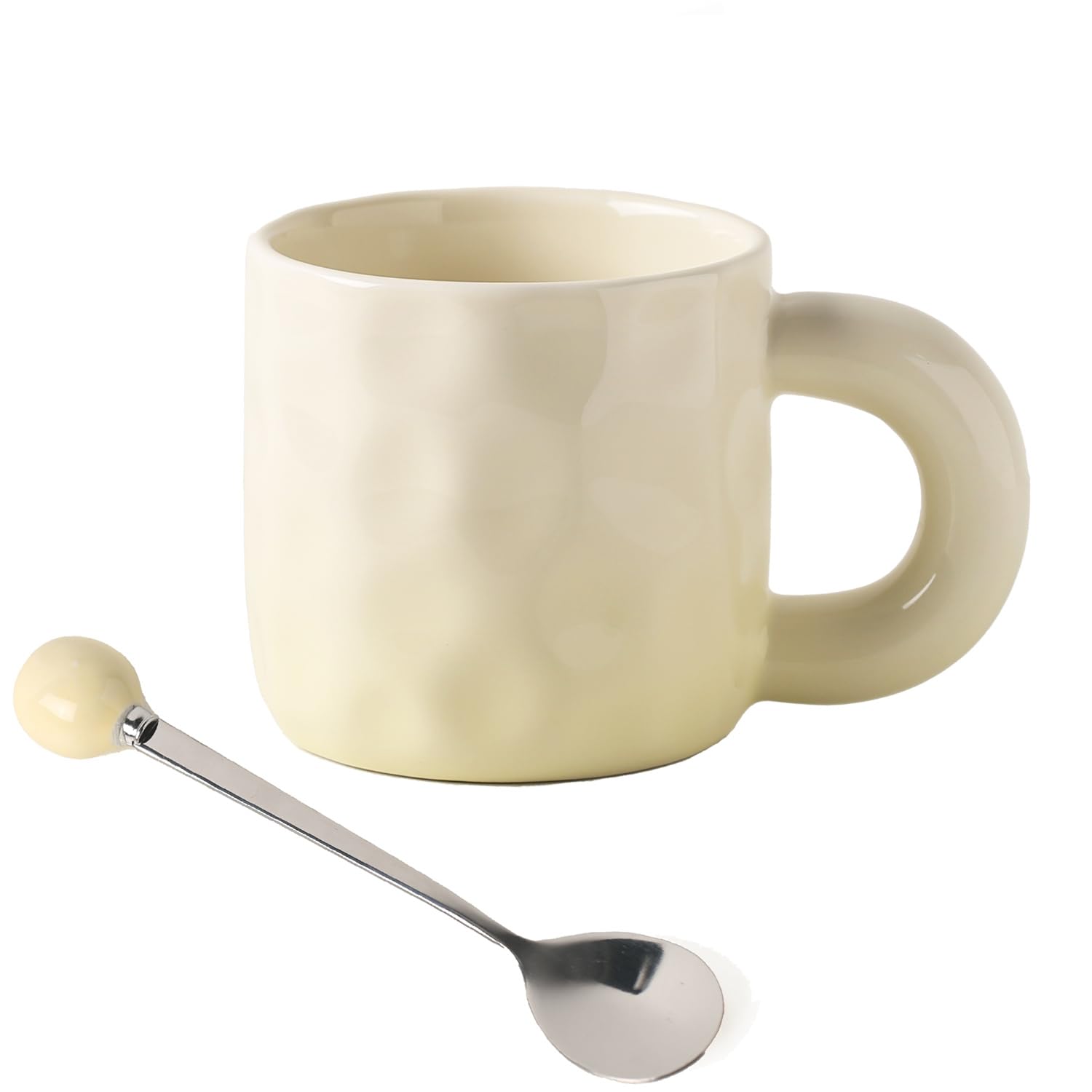 TREEWOO Creative Gradient Macaroon Color Ceramic Handmade Coffee Mug with Chubby Handle and Spoon Cute Breakfast Coffee Milk Cup for Family Friend (Vanilla)