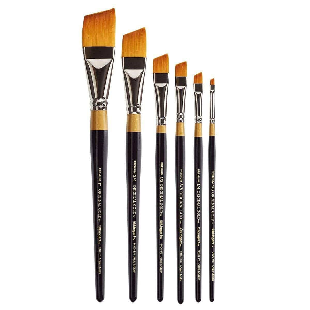 KINGART B-019 Premium 6 pc. Original Gold 9400 Series Angular Shader Brush Set, Synthetic Golden Taklon for Acrylic, Oil, Watercolor Paint, Short Handle, 6 Sizes: 1/8", 1/4", 3/8", 1/2", 3/4", 1"