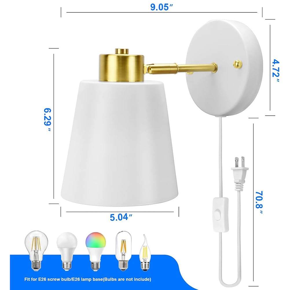 AoLa Verstellbar Wandleuchte mit Schalter und Stecker Innen Wandlampe Drehbar 360° mit Kabel Vintage Nachttischlampe aus Metall Lampenschirm E27 Retro Industriell Wand Leselampe, 2 Stücke,Weiß