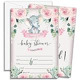 DOQPO Elephant Baby Shower Invitations, Blush Pink Floral Elephant Baby Shower Invites, Baby Shower Invitation For Girls Boys, Baby Shower Decorations - 25 Invites With 25 Envelopes - A08