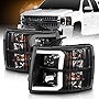 AmeriLite for 2007-2013 Chevy Silverado 1500/07-14 Silverado 2500HD 3500HD LED Tube Quad Projector Black Headlights Assembly Set - Passenger and Driver Side