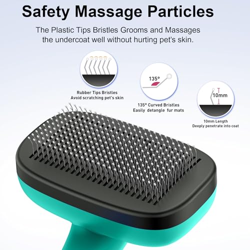 Self Cleaning Slicker Brush for Dog & Cats, Skin Friendly Deshedding Grooming Tool for Shedding Long and Short Haired Pets, Easy Clean Retractable Bristles, Green