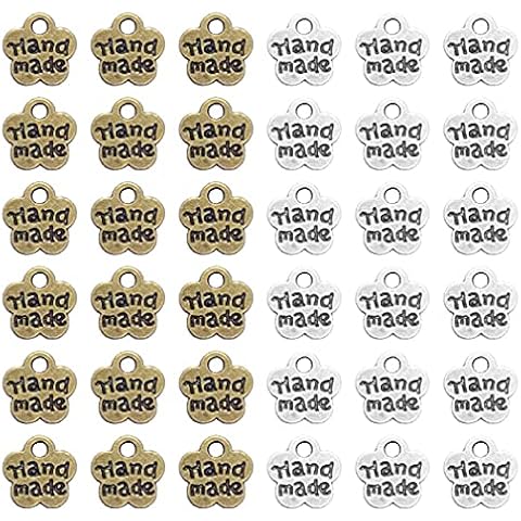 Aabellay 200PCS Alloy Handmade Metal Label Tag Signs Metal Tags Hand Made Pendant Bead Charm for DIY Jewelry Making Crafts Findings Gift - 8mm - Plum Blossom Bronze + Silver Cover