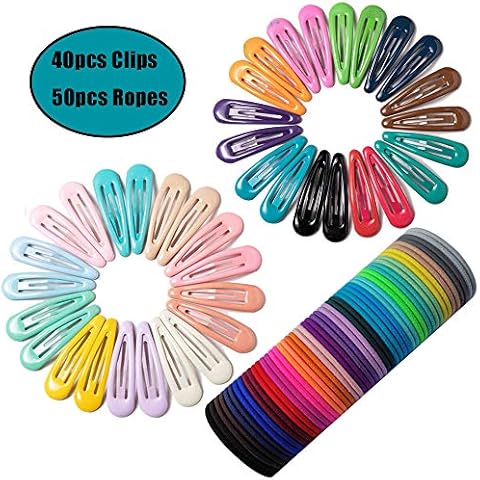 40 Clips Candy Color 2 Inch Metal Snap Hair Clips Kids Barrettes Girls' Hair Accessories and 50 Pieces 3mm Multicolor Elastic Hair Bands Hair Tie No Metal Gentle Elastics (90PCS) Cover