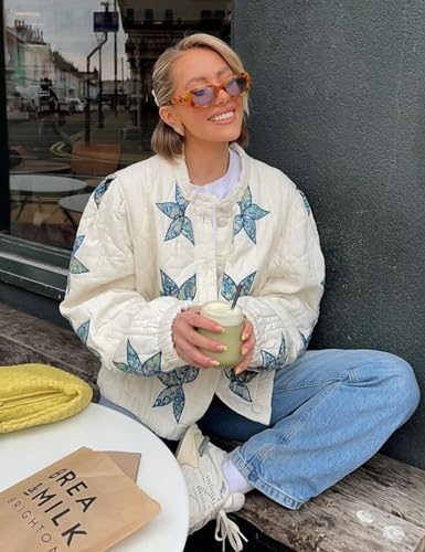 Wyeysyt Women's Floral Embroidered Cropped Quilted Jacket Lightweight Button Down Bomber Jacket Puffer Coat with Pockets3