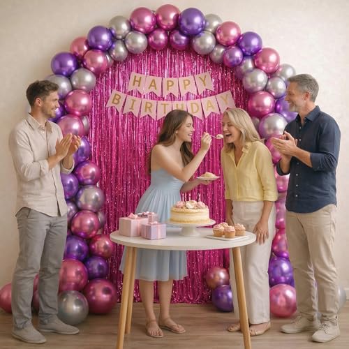 Image of Just Party Happy Birthday Decoration Kit, Pink Silver and Purple - Pack of 60 | Super Shinny Balloons for Birthday Decoration | Birthday Balloons for Kids & Adults | Super Shinny Foil Fringe Curtains