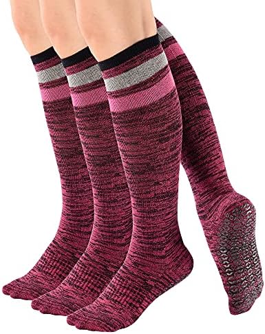Teebulen Women's 3 Pairs Purple Anti Skid Non Slip Odor Control Grips Compression Knee High Yoga Pilate Fitness Socks Stocking,Size 5-10