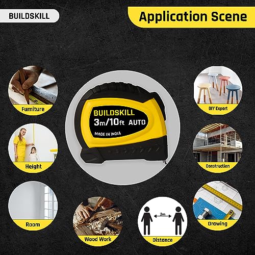 Image of Buildskill 3M Measuring Tape, Precision Measurement Tape, Inch Tape for Measurement with 16mm Width, Clear Visibility, Autolock, Lightweight, One Button Retraction, Made in India (Pack of 1)