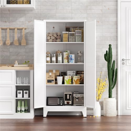Image of Kitchen Pantry Cabinet with Barn Doors,61 inch H x 27.5 inch W,Metal Farmhouse Storage Cabinet with Adjustable Shelves,4-Tier Storage Cabinet for Kitchen Dining Room Garage Office,White 1 Pack