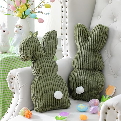 Fiwochic 2 Pcs Easter Bunny Shaped Pillow Cute Decorative Rabbit Throw Pillow Bunny Stuffed Soft Corduroy Striped Textured Cushion Case for Spring Easter Party Couch Sofa Home Decor Olive Green