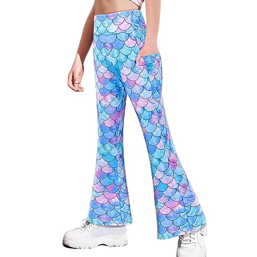 Nidoul Girls Flare Leggings with Pockets High Waisted Bell Bottoms Bootcut Pants for Kids Child Yoga Dance,Blue Mermaid, Size 7-8