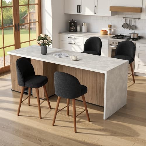 Image of Modern Swivel Bar Stools Set of 4, Chic Upholstered Counter Height(26IN) Bar Chair with Back, Solid Wood Legs and Footrest, Comfortable Chenille Bar Stool for Kitchen Island, Charcoal Black