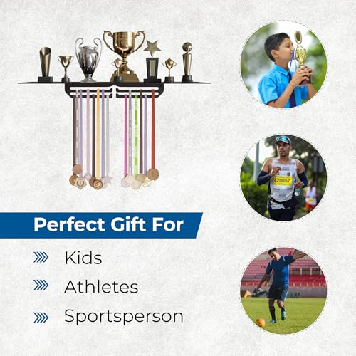 Large Metal Trophy Stand with Medal Holder for Wall - Holds Up to 8 Trophies and 30 Medals - Glossy Black Finish - Metal Display for Sports Achievements - Perfect for Homes, Schools, and Sports Clubs 5 51hE2MI5twL