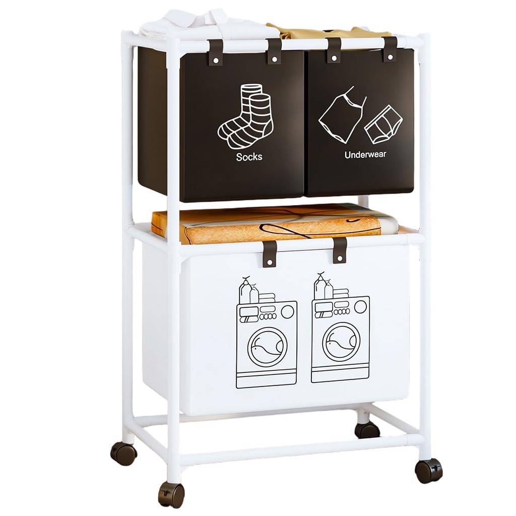 HASTHIP® Laundry Basket with Wheels 4-Compartment Double Layer Assembly Breathable Non Woven Fabric Freestanding Laundry Hamper Metal Frame Dirty Clothes Basket 57x28x97cm-image-47
