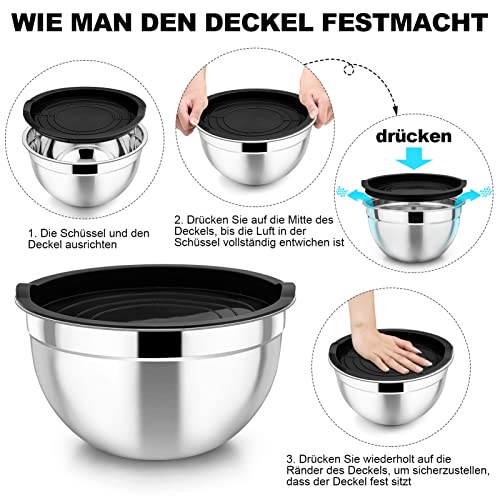 Foto von TEAMFAR Rührschüssel 3er Set, Edelstahl Schüssel Salatschüssel mit Luftdicht Deckel, Schwarz Schüsselset perfekt für Backen/Vorbereiten/Servieren, 4,5L / 2,5 L / 1,5 L, Spülmaschinenfest