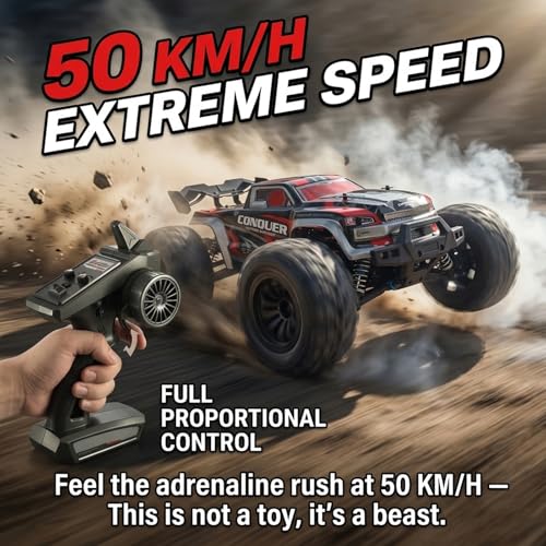 Image of RC Cars 1:16 Scale Remote Control Car 50 KMH High Speed Fast 4WD RC Truck for Kids Adults Boys 2.4 GHz All Terrains RC Buggy Off-Road RC Monster Trucks with 2 Rechargeable Batteries (Red)