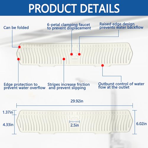 Image of Kitchen Sink Splash Guard Gen2-30 inch x 6'' Silicone Sink Mat Splash Guard fit for Countertop, Bathroom,Farmhouse,RV by EBIGIC (off white)