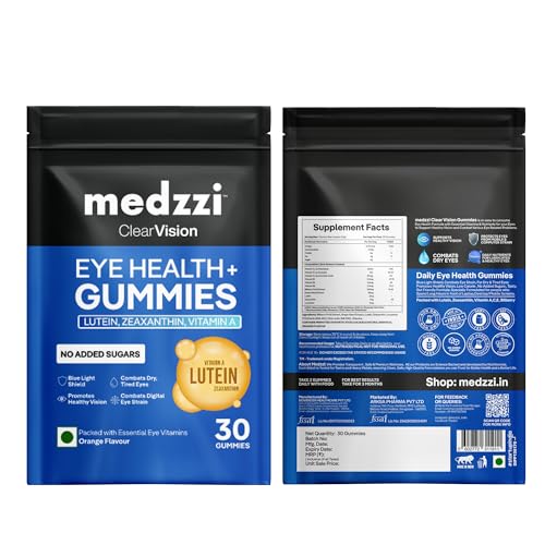 Image of Eye Gummies by medzzi Clear Vision | Lutein & Zeaxanthin Supplement for Eyes | With Bilberry, Lycopene & Vitamins A, C, E | Reduces Digital Strain and Fatigue from High Screen Time | Orange Flavour | 30 Veg Gummies