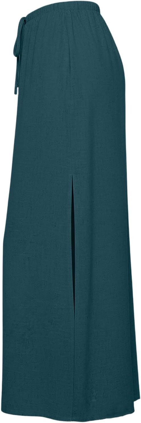 Linen Straight Maxi Skirt with Side Slit Elastic Waist Drawstring Long Flowy Ankle-Length Boho Skirt with Pockets