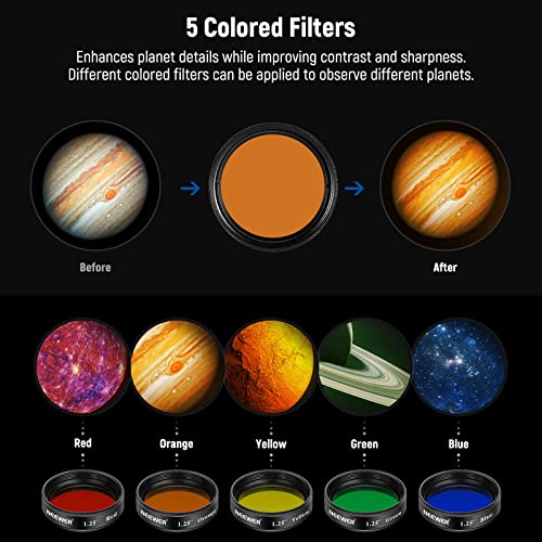 Image of Neewer 1.25 inches Telescope Moon Filter, CPL Filter, 5 Color Filters Set(Red, Orange, Yellow, Green, Blue), Eyepieces Filters for Enhancing Definition and Resolution in Lunar Planetary Observation