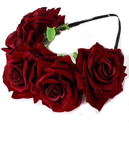 Floral Fall Rose Flower Crown Garland Festival Wedding Hair Wreaths Headbands F-32 (Burgundy)